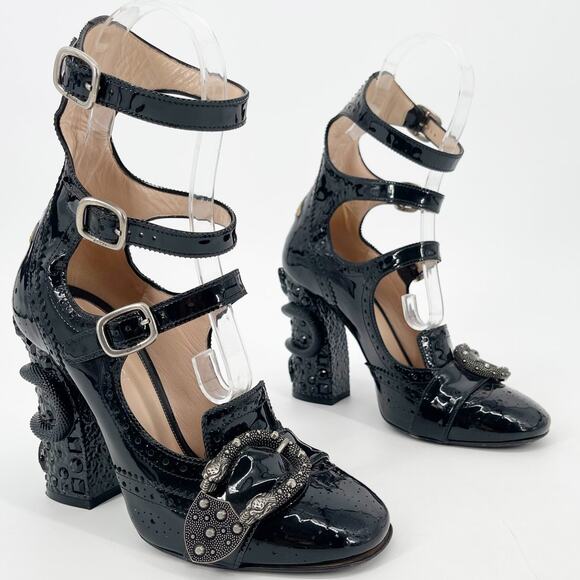 Gucci Black Patent Leather Queercore Dionysus Buckle Snake Heel Pumps EU 38 - Picture 2 of 15
